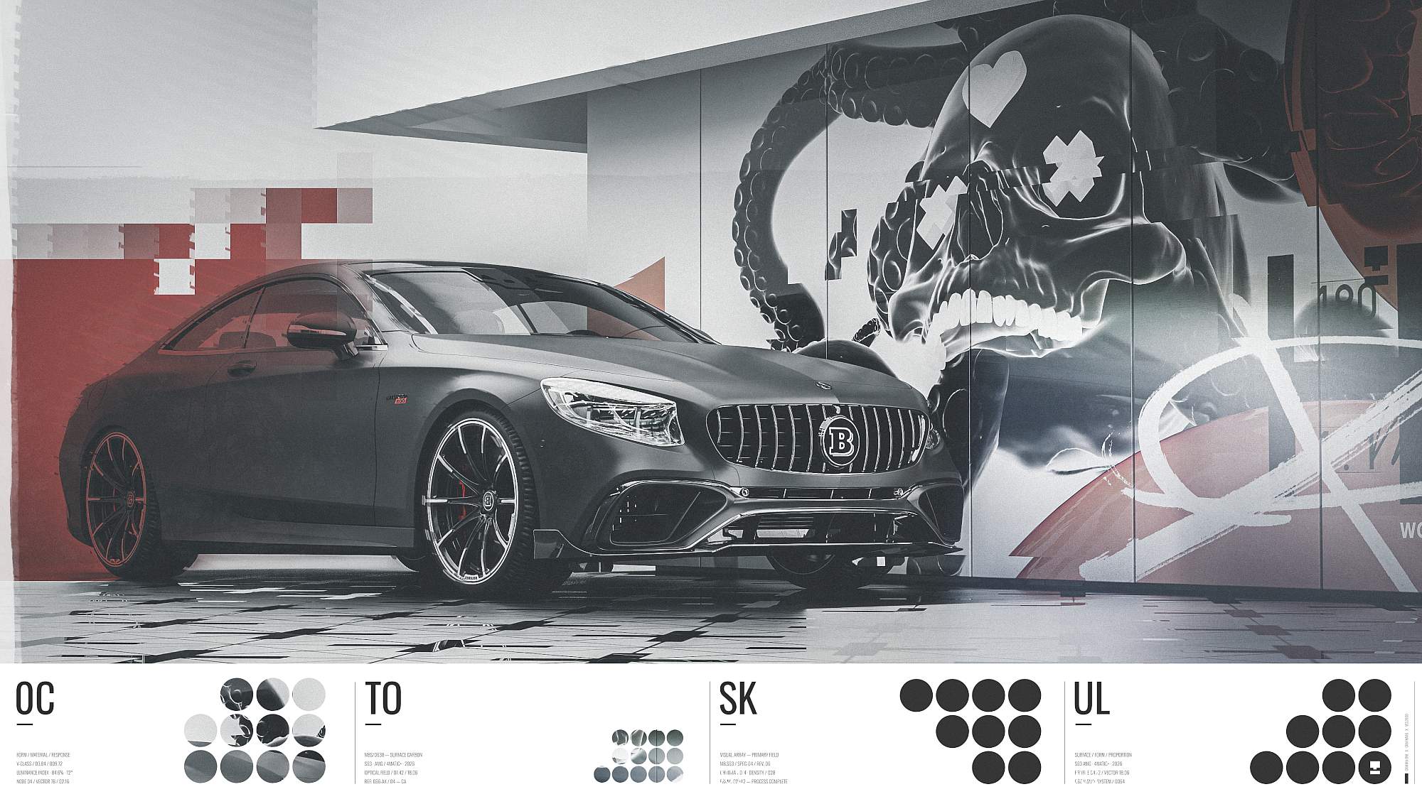 Front angle of a matte black S63 AMG coupe parked in front of a monochromatic octopus and skull mural display