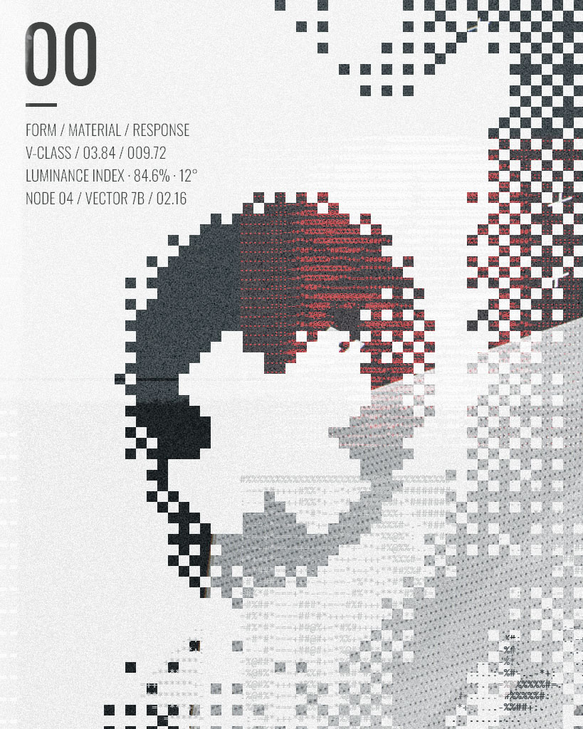 Monochrome abstract visual graphic design composition featuring halftone dot patterns, crosshatch vector grids, and dark textured overlays