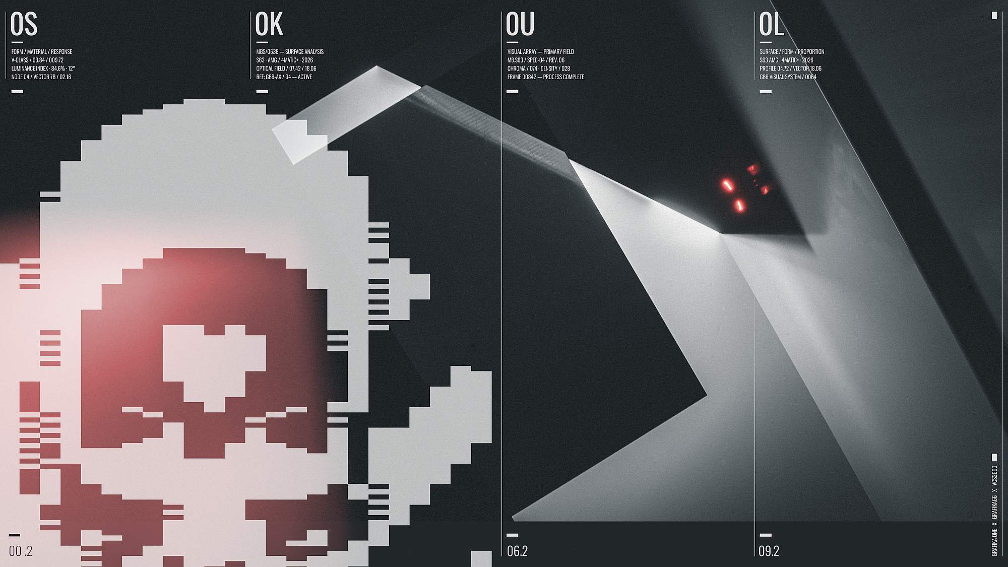 Split composition featuring a red pixelated skull graphic beside glowing automotive headlights piercing a dark atmosphere
