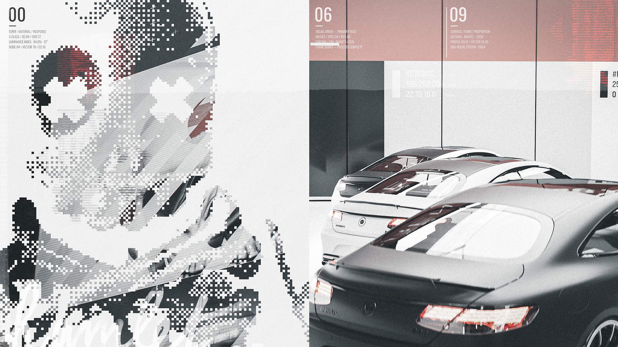 Split-screen artwork showcasing a pixelated skull graphic on the left paired with luxury sports cars in a clean modern showroom setting