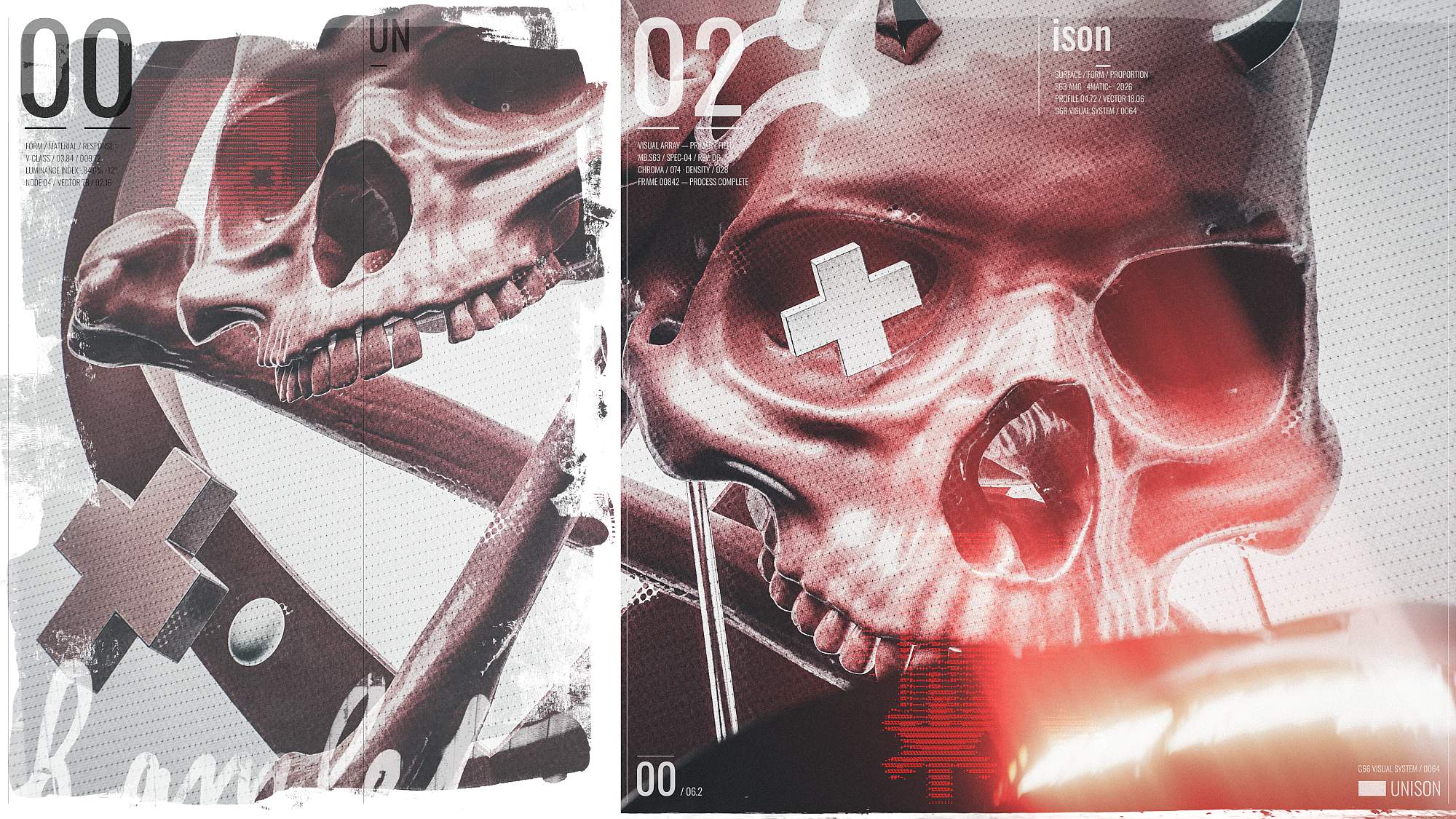 Split composition featuring an abstract red skull with crosshatch elements, technical HUD typography, and graphic data overlays