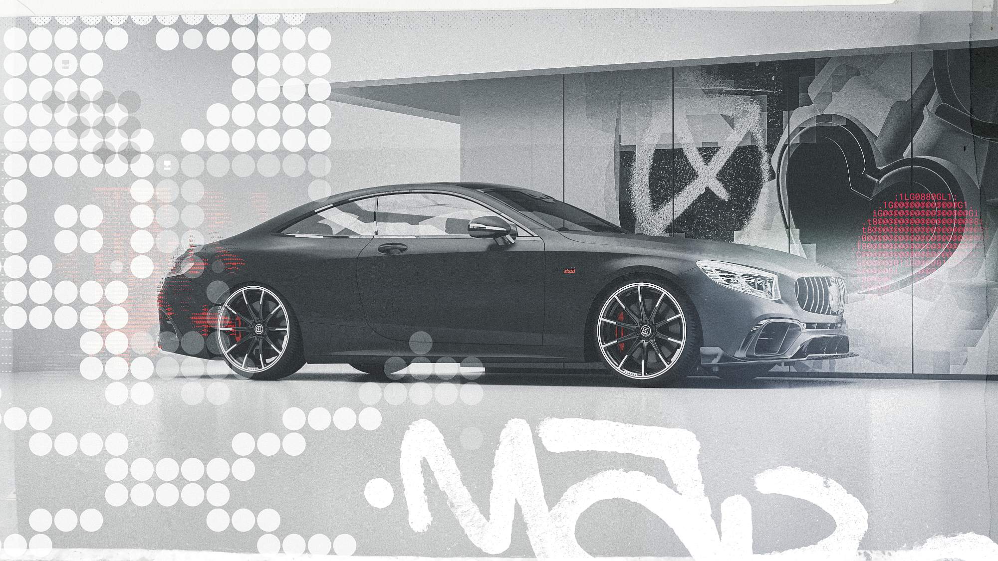 Side view profile of a dark matte S63 AMG coupe parked against a clean wall with white graffiti lettering and technical halftone dot patterns