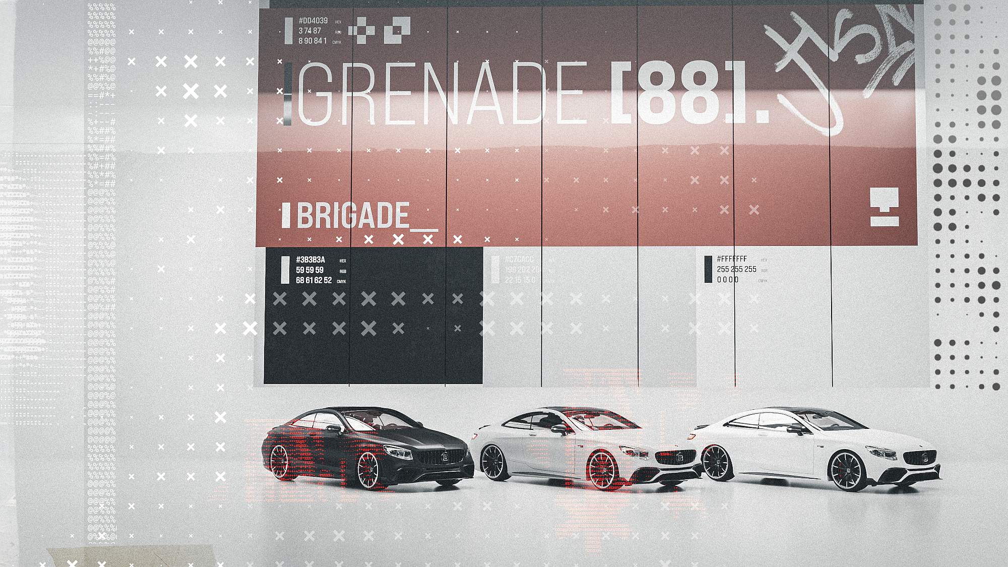 Three luxury Mercedes S63 AMG coupes parked in a high-tech showroom below large red and white typography banners