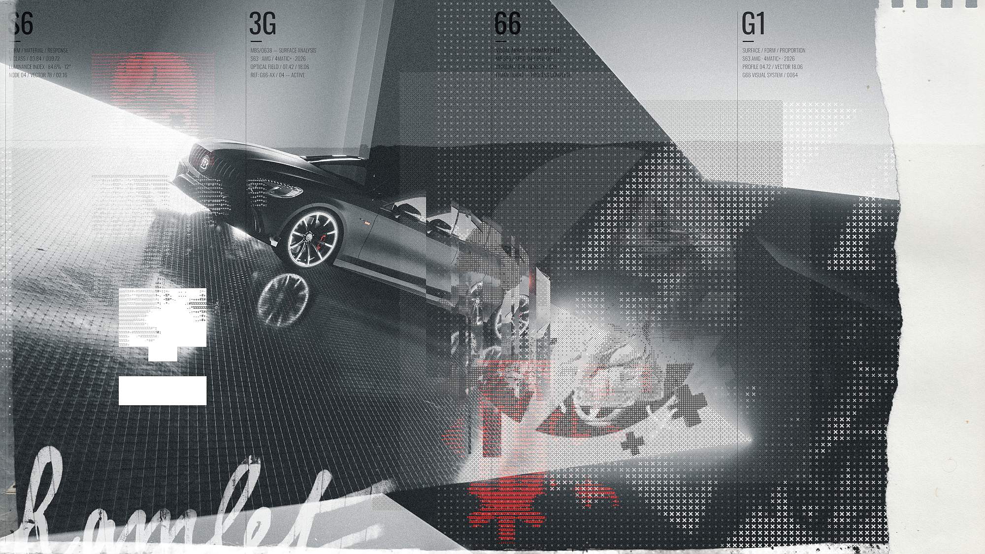 High-tech automotive graphic layout showing a convertible sports coupe on a textured digital background with technical data overlays and torn paper edges