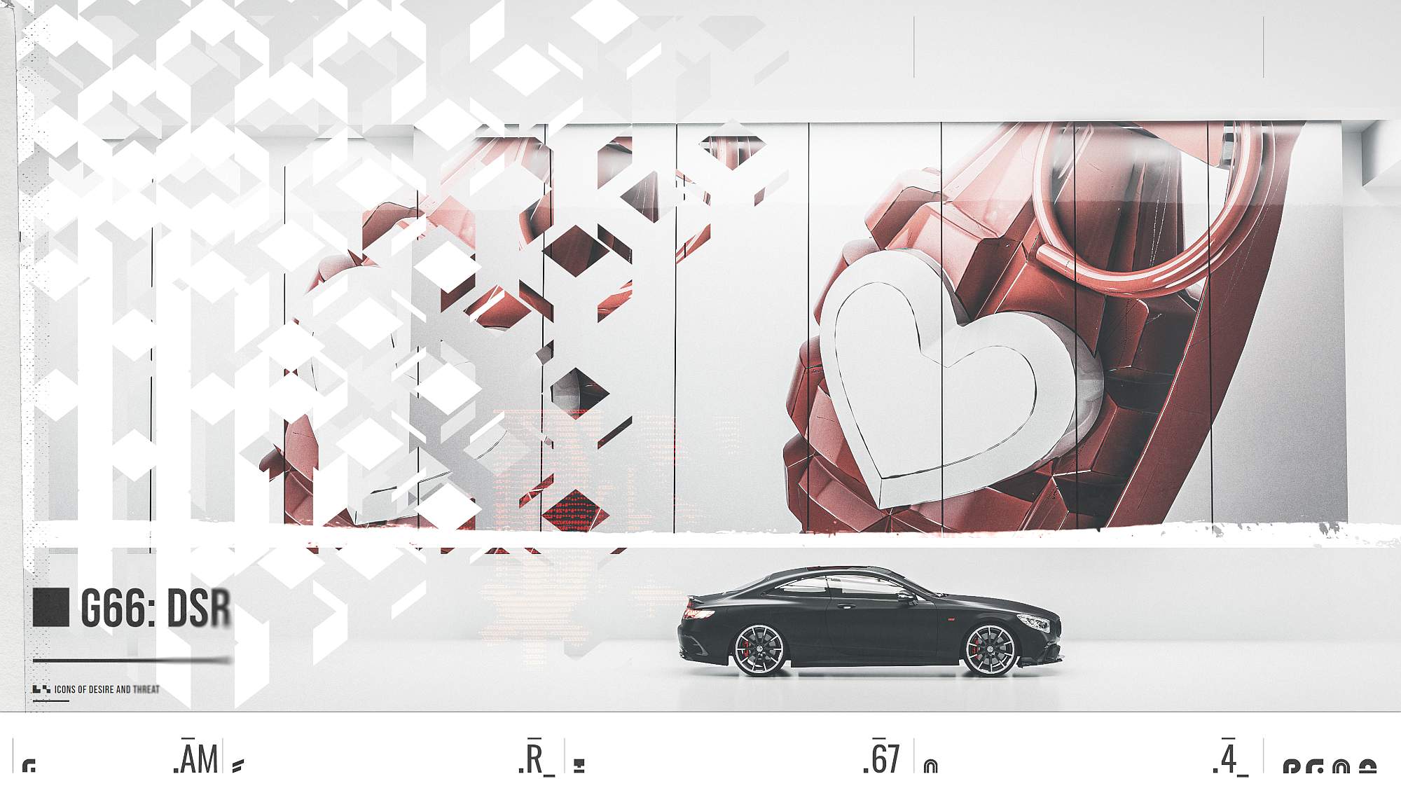 Dark S63 AMG coupe parked in front of a modern architectural wall displaying a large red heart grenade graphic and geometric white patterns